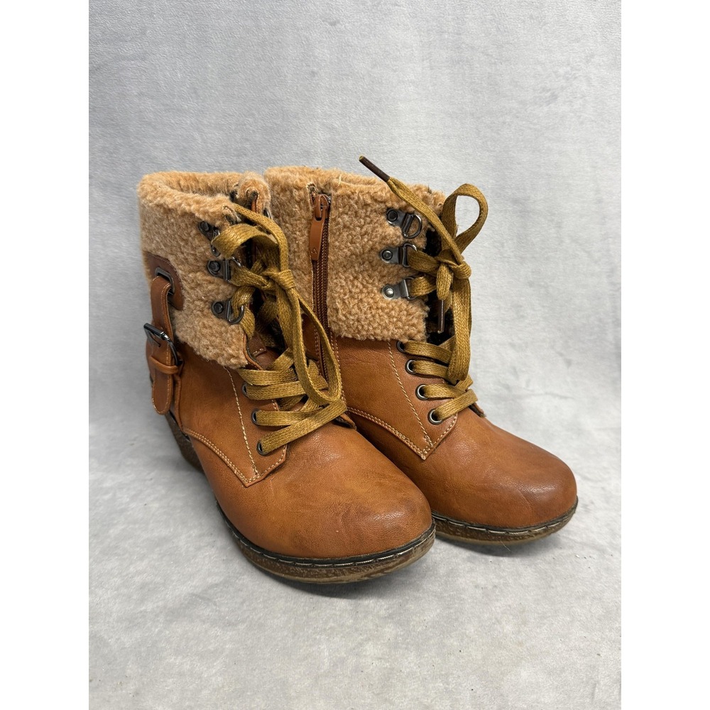 Patrizia by Spring Step Boots Womens Size 7 Camel Iceland Wedge Lace Up Faux Fur